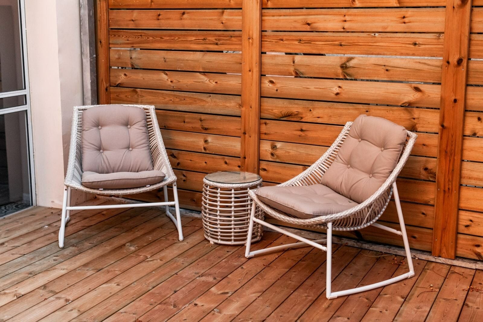 Comfortable outdoor seating on wooden deck