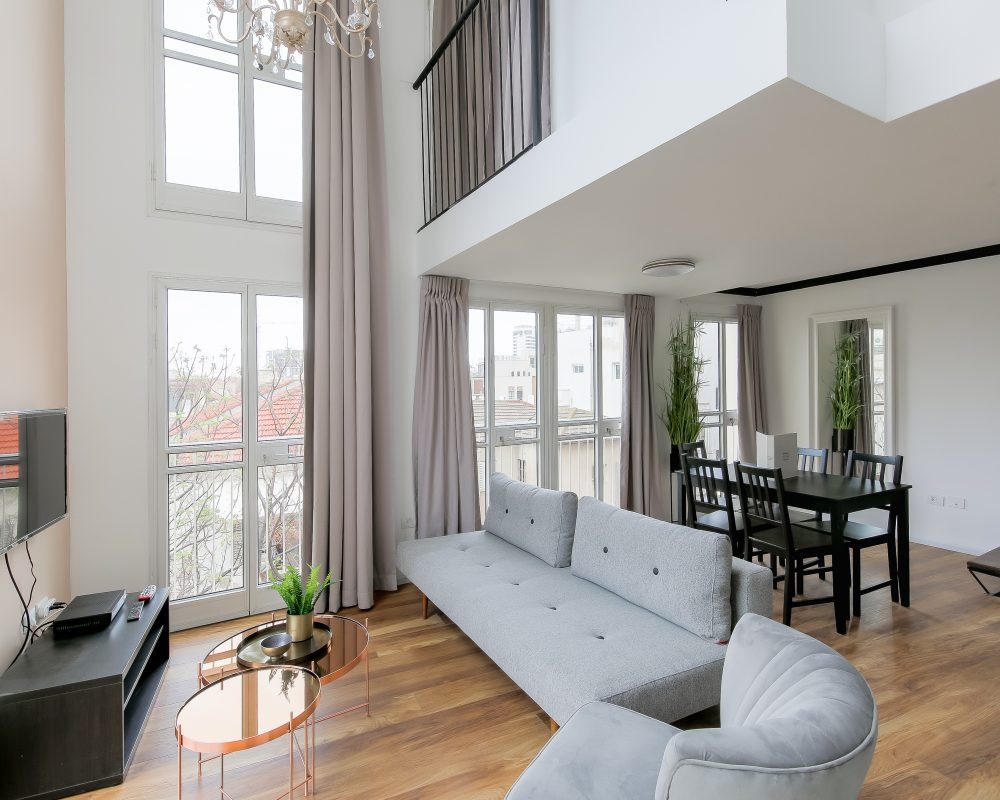 Bright living space with chandelier