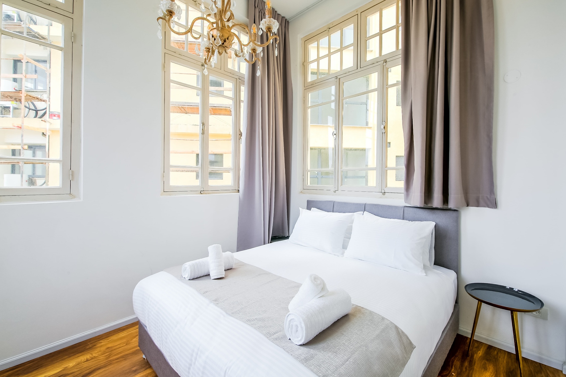 Bright bedroom with historic windows